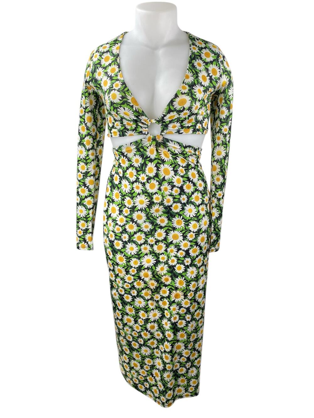 AFRM Green Multicolor Floral Cut Out V-Neck Long Sleeve Midi Bodycon Dress Sz S